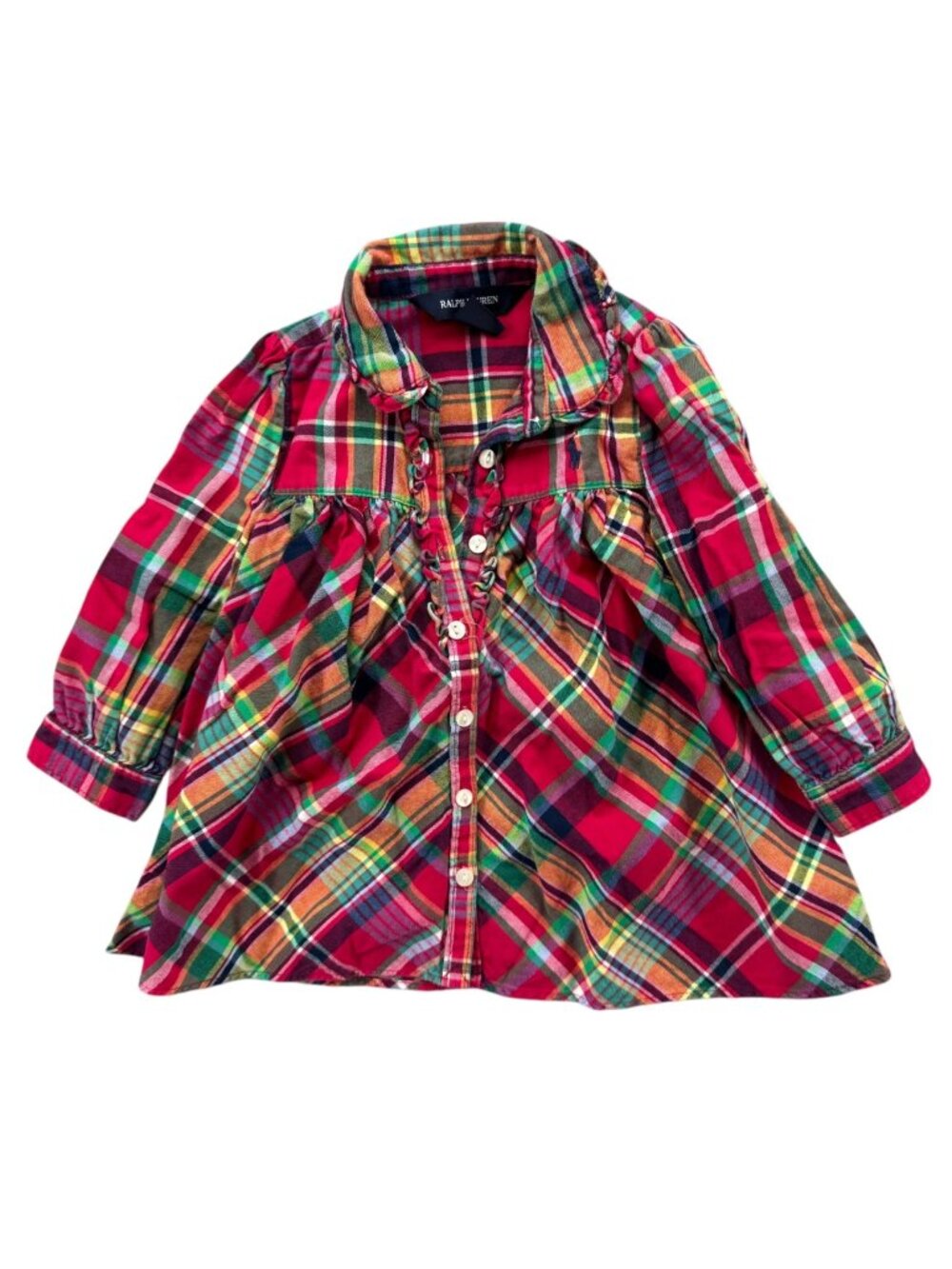 Ralph Lauren Plaid Peplum Top Girls Red Green Button Front Long Sleeve Size 18M